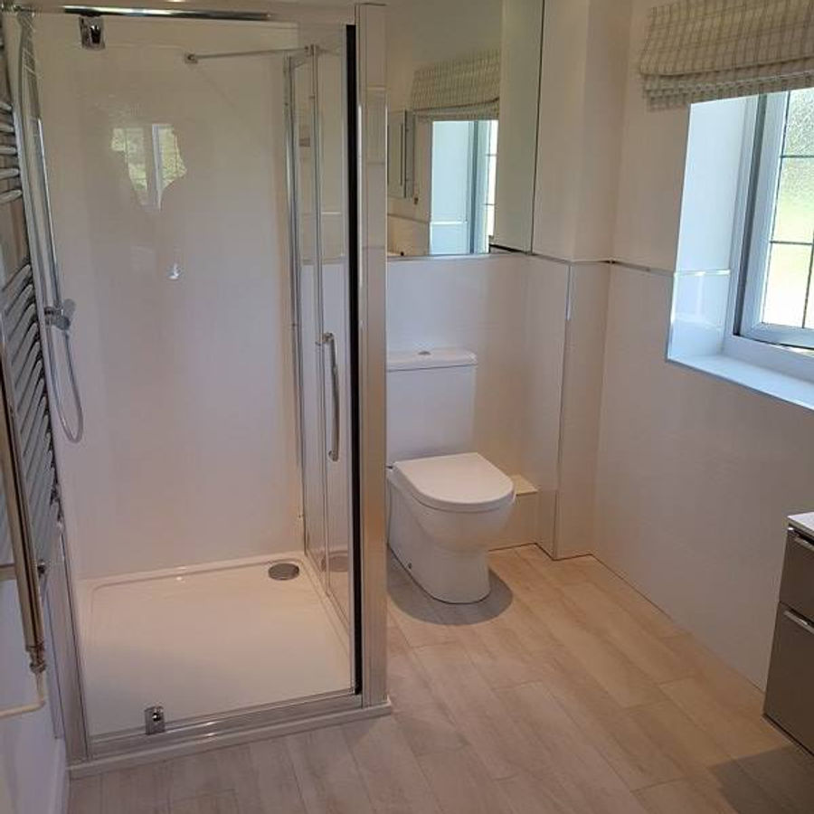 Shower unit and toilet in a completed bathroom